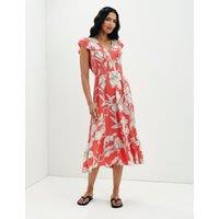 Finery London Voile Floral V-Neck Midi Tiered Dress Red Mix
