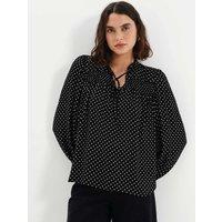 Finery London Polka Dot Shirred Tie Neck Blouse Black Mix