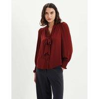 Finery London Tie Neck Button Through Blouson Sleeve Blouse Burgundy