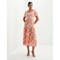 Finery London Floral Square Neck Midi Tiered Dress Orange Mix