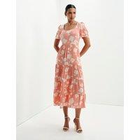 Finery London Floral Square Neck Midi Tiered Dress Orange Mix