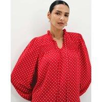 Finery London Polka Dot Shirred Tie Neck Blouse Red Mix