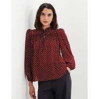 Finery London Polka Dot Shirred Tie Neck Blouse Burgundy Mix