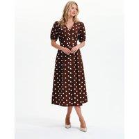 Finery London Pure Cotton Polka Dot V-Neck Midi Dress Brown Mix