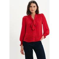 Finery London Tie Neck Button Through Blouson Sleeve Blouse Red