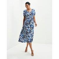 Finery London Palm Print V-Neck Midi Waisted Dress Blue Mix