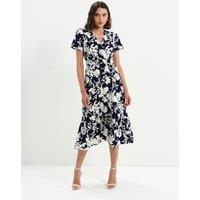 Finery London Spot Print V-Neck Midi Relaxed Tea Dress Navy Mix