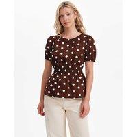 Finery London Pure Cotton Polka Dot Short Sleeve Top Brown Mix
