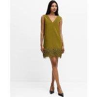 French Connection V-Neck Faux Feather Hem Mini Shift Dress Green