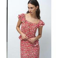 French Connection Pliss Floral Square Neck Ruffle Peplum Top Pink Mix