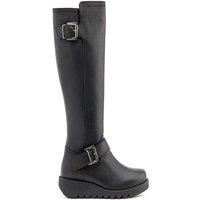 Jones Bootmaker Leather Buckle Wedge Knee High Boots Black