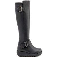 Jones Bootmaker Leather Wedge Round Toe Knee High Boots Black