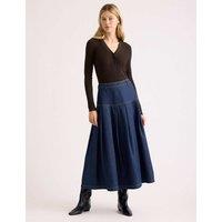 Albaray Denim Pleated Drop Waist Midi A-Line Skirt Indigo