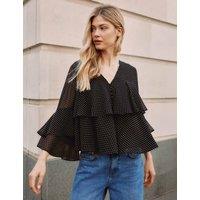 Albaray Chiffon Polka Dot Ruffle Top Black Mix