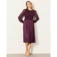 FatFace Plisse Round Neck Midi Shirred Tea Dress Dark Red