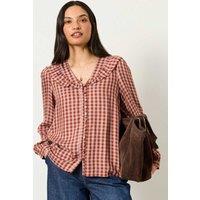 FatFace Gingham Collared V-Neck Relaxed Blouse Pink Mix