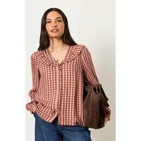 FatFace Gingham Collared V-Neck Relaxed Blouse Pink Mix