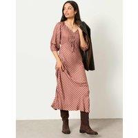 FatFace Checked V-Neck Tie Detail Maxi Waisted Dress Pink Mix