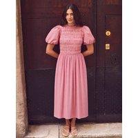 RO&ZO Striped Puff Sleeve Midi Shirred Dress Red Mix
