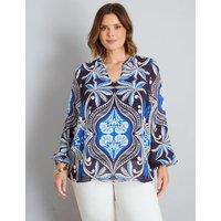 Live Unlimited London Printed Notch Neck Blouson Sleeve Blouse Blue Mix