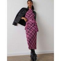 Whistles Mesh Checked Ruched Midi Column Dress Pink Mix