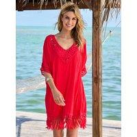 SOSANDAR Macrame Fringe Detail V-Neck Kaftan Dress Pink
