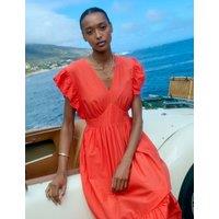 Regatta Ruffle Sleeve Midi Tiered Dress Orange