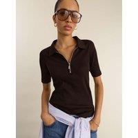 BAUKJEN Pure Cotton Ribbed Half Zip Top Brown