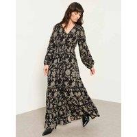 FatFace Jacquard Floral V-Neck Maxi Waisted Dress Black Mix