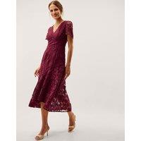 Monsoon Lace V-Neck Midi Skater Dress Burgundy
