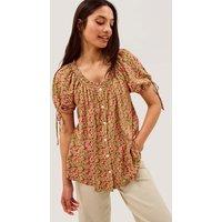 Monsoon Cotton Rich Jersey Printed Puff Sleeve Blouse Green Mix