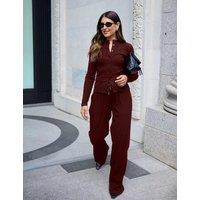 WAT THE BRAND Cotton Rich Ribbed Crew Neck Fitted Cardigan Burgundy