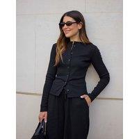 WAT THE BRAND Cotton Rich Ribbed Crew Neck Fitted Cardigan Black