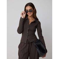 WAT THE BRAND Cotton Rich Ribbed Collared Cardigan Brown