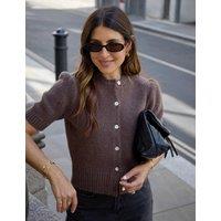 WAT THE BRAND Puff Sleeve Cardigan with Mohair Brown