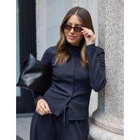WAT THE BRAND Cotton Rich Ribbed Crew Neck Fitted Cardigan Navy