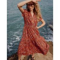 Seasalt Cornwall Pure Cotton Floral Notch Neck Midi Tiered Dress Orange Mix