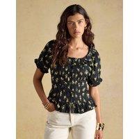 Joules Pure Cotton Floral Frill Detail Blouse Black Mix