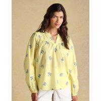 Joules Pure Cotton Floral V-Neck Popover Blouse Yellow Mix