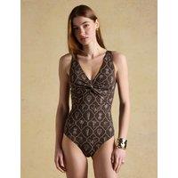 Joules Printed Knot Front Plunge Swimsuit Brown Mix