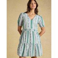 Joules Pure Cotton Floral V-Neck Mini Tiered Dress Blue Mix