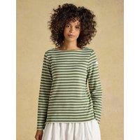 Joules Pure Cotton Striped Slash Neck Top Khaki Mix