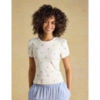 Joules Jersey Floral Pointelle Puff Sleeve Top White Mix
