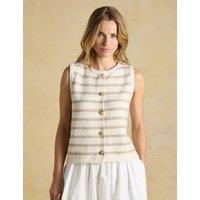 Joules Striped Button Through Knitted Vest Waistcoat Cream Mix