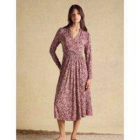 Joules Jersey Floral V-Neck Midi Tea Dress Brown Mix