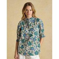 Joules Pure Cotton Floral High Neck Blouse Blue Mix
