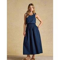 Joules Pure Cotton Round Neck Midi Shirred Dress Navy