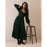 Nobody's Child Cord Puff Sleeve Midi Waisted Dress Green