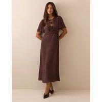 Nobody's Child Tie Neck Midi Waisted Dress Brown
