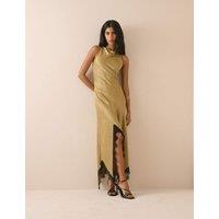Nobody's Child X Louise Thompson Satin Cowl Neck Midi Skater Dress Green